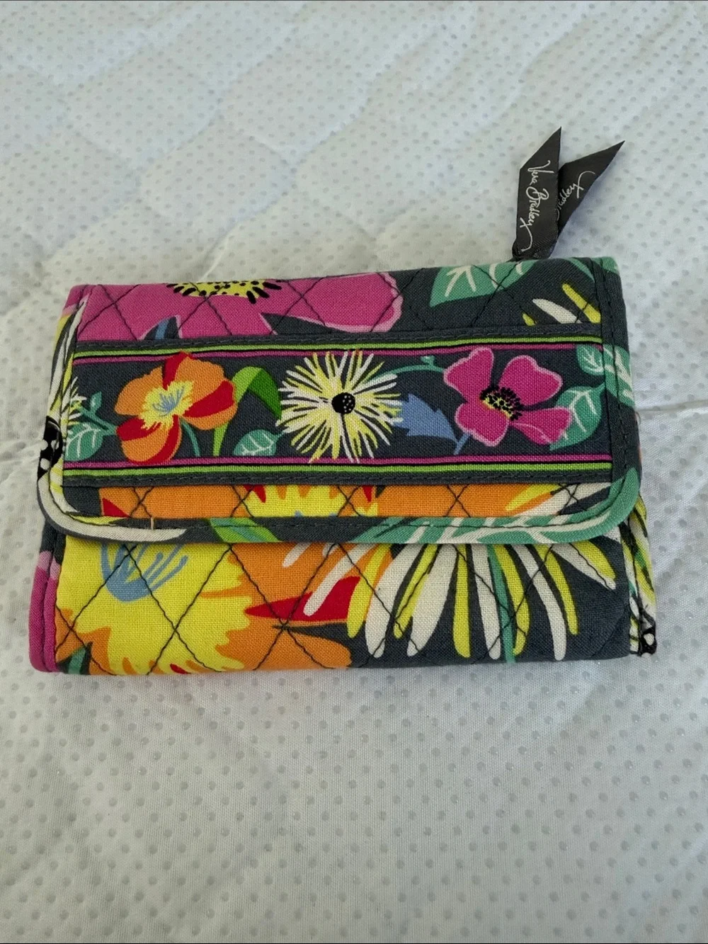 Vera Bradley Quilted Floral Trifold Wallet in Pink, Yellow, Orange & Green
